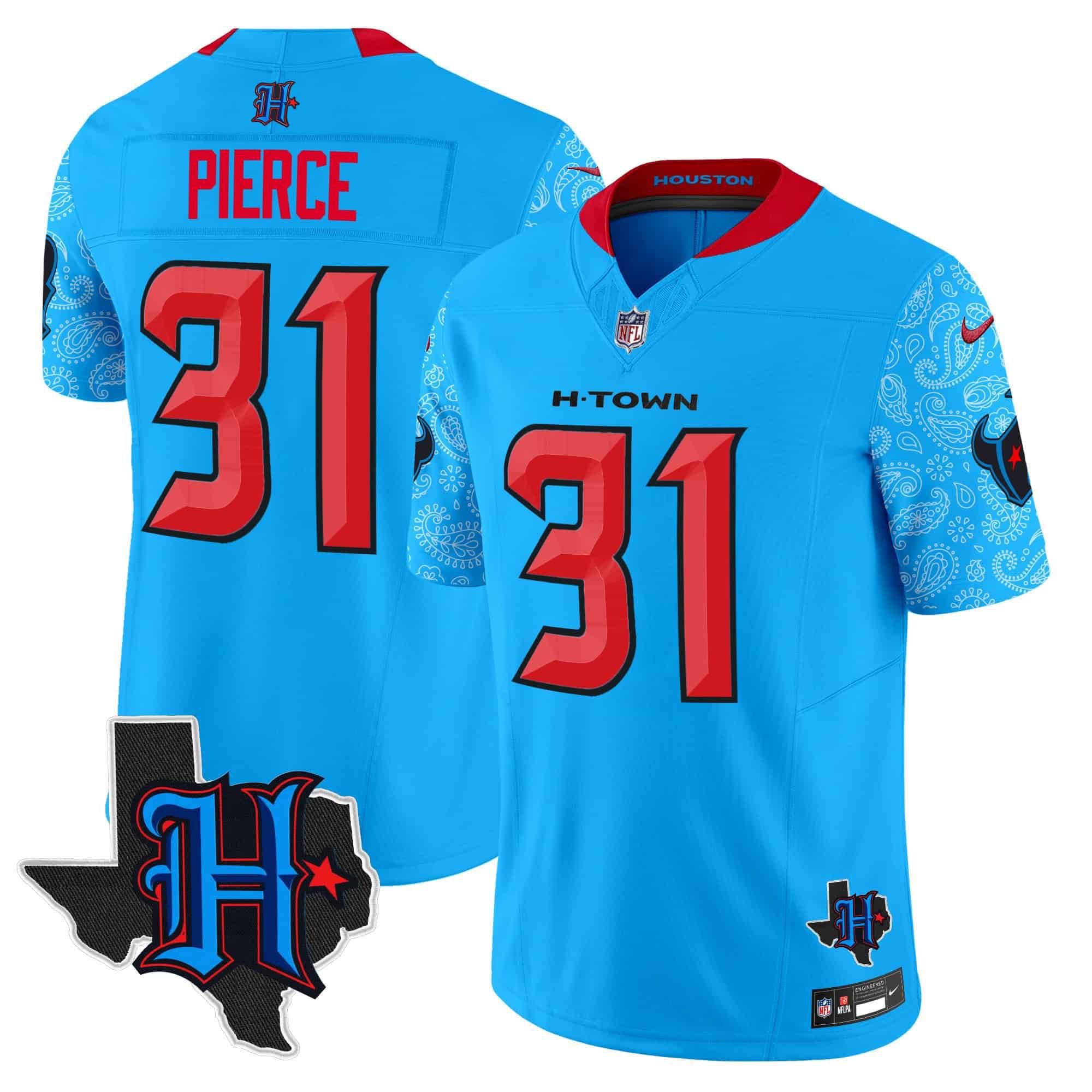 Men Houston Texans 31 Pierce Light Blue 2024 Nike Texas Patch Vapor Limited NFL Jersey